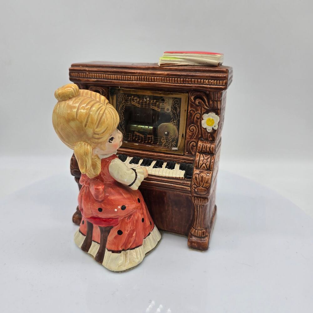 VTG Toyo Music Box Girl at Piano "Somewhere My Love" 5" Japan Porcelain Figurine